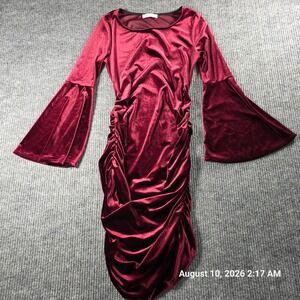 My Bump Womens Burgundy Velvet Bell Sleeve Ruched Maternity Bodycon Dress Medium